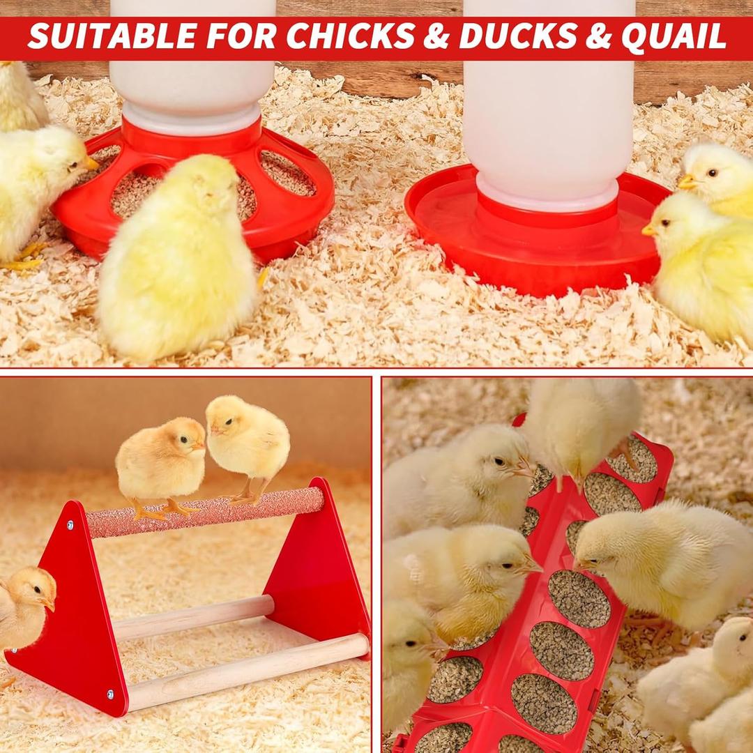 3 Pack Chick Feeder and Waterer Set - Chick Starter Kit with Mini Perch, Automatic Chicken Waterer & Feeder for Ducks/Quail, Coop Brooder Supplies for Small Poultry