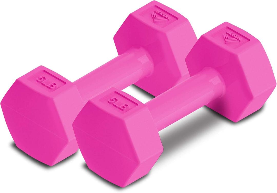 RBX Vinyl Coated Hand Weight Dumbbell Set - Hex Shaped, Roll Free for Body Building/Sculpting/Strength Training Exercise, (Set of 2) (Pink)