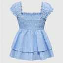 MakeMeChic Women's Y2K Cute Plaid Gingham Cap Sleeve Blouse Square Neck Tiered Ruffle Shirred Tops, M