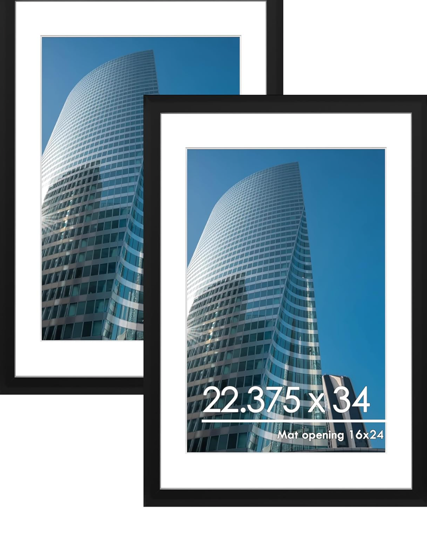 PEALSN 22.375 x 34 Poster Frame Set of 2, Display Pictures 20 x 30 with Mat or 22.375 x 34 Without Mat, Poster Frames 22.375 x 34 inches for Wall Mounting Display, Black