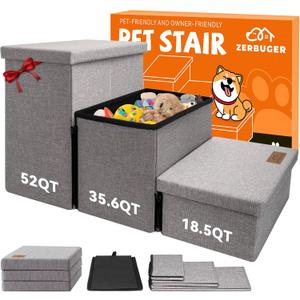 Zerbuger Wider Dog Stairs with Storage 18" H, 3-Step Sturdy Dog Steps for Large/Medium/Small Older Senior Dogs Cats, Folding Pet Stairs Climbing Bed or Couch, Arthritis-Friendly (Gray, No Condo)