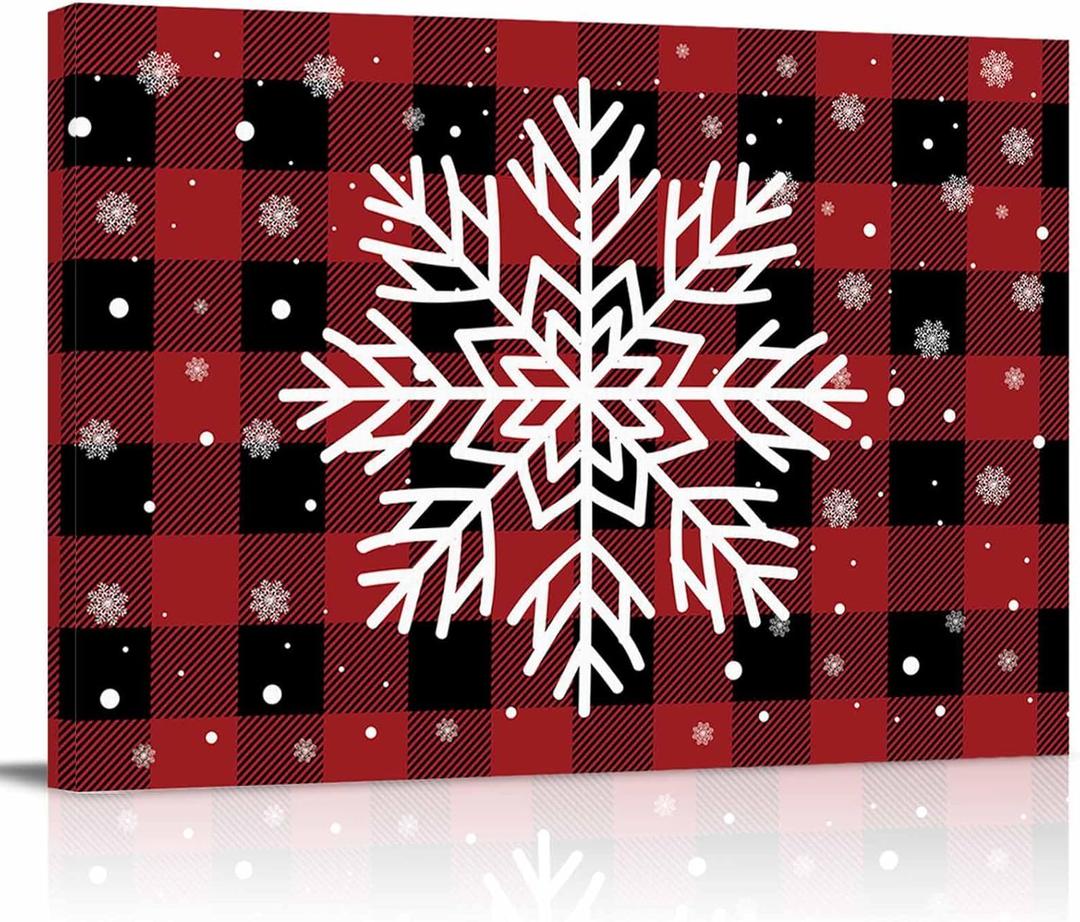 Christmas Snowflake Canvas Print Wall Art - Red and Black Checkered Buffalo Plaid - Wall Decor Modern Artwork Paintings Pictures for Living Room Stretched and Framed Ready to Hang - 16" x 24"