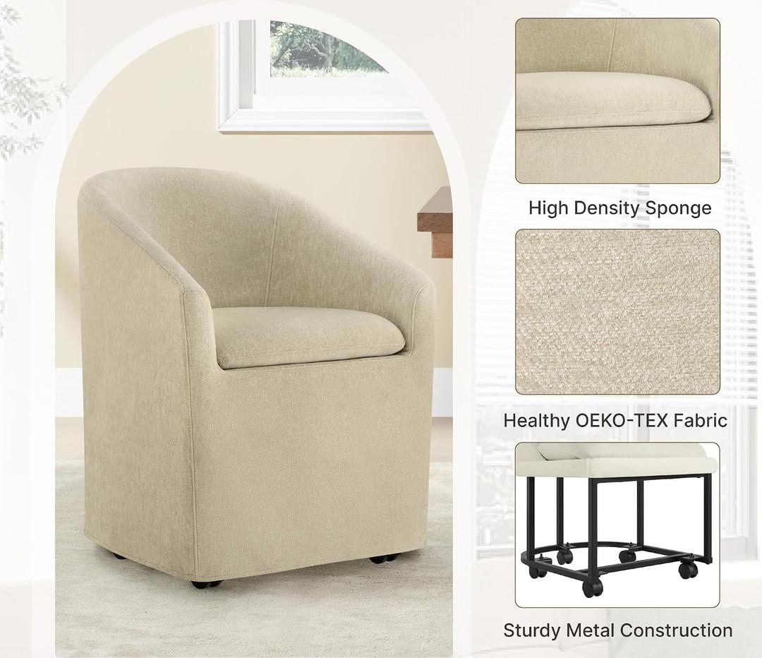 KISLOT Upholstered Dining Chairs with Casters, Washable Cover Modern Dining Room Chairs with Barrel Backrest & Armrest, Vanity Chair with Wheels for Kitchen, Living Room, Bedroom, Sand Fabric, 1PCS