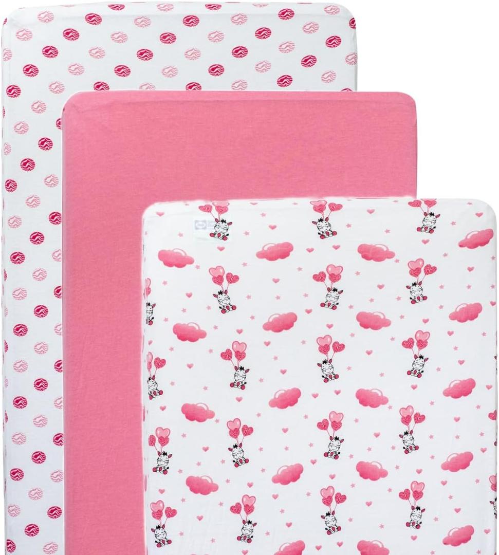 JABMARS Crib Sheets (3 Pack) - Soft Jersey Cotton Fitted Baby Crib Sheets | Cute Bed Sheets & Toddler Bed Mattress | Baby Girl Crib Bedding Set | Pink Zebra