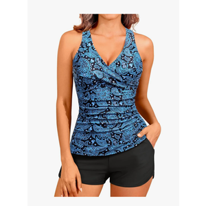 Women Tankini Swimsuits with Shorts - Two Piece Tummy Control Bathing Suits Top with Two Pockets Bottom Swimwear, Size L