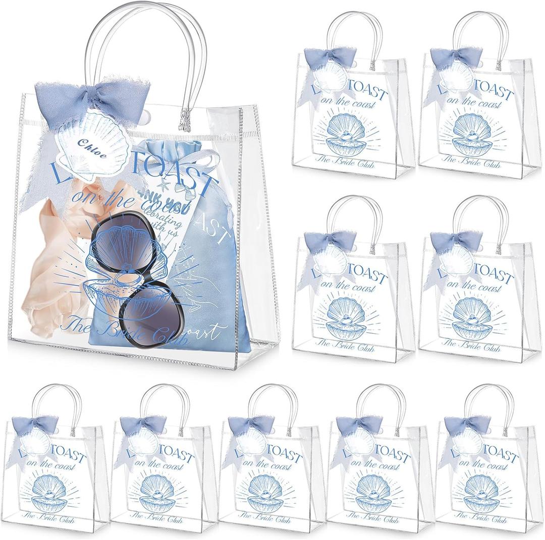 Kolldenn 10 Pcs Last Toast on the Coast Clear Gift Bags with Handle, Bachelorette Party Decorations Bags with 10 Pcs Tags Labels, 7.87" x 7.87" x 3.15" Plastic Clear Reusable PVC for Bridesmaid (Blue)