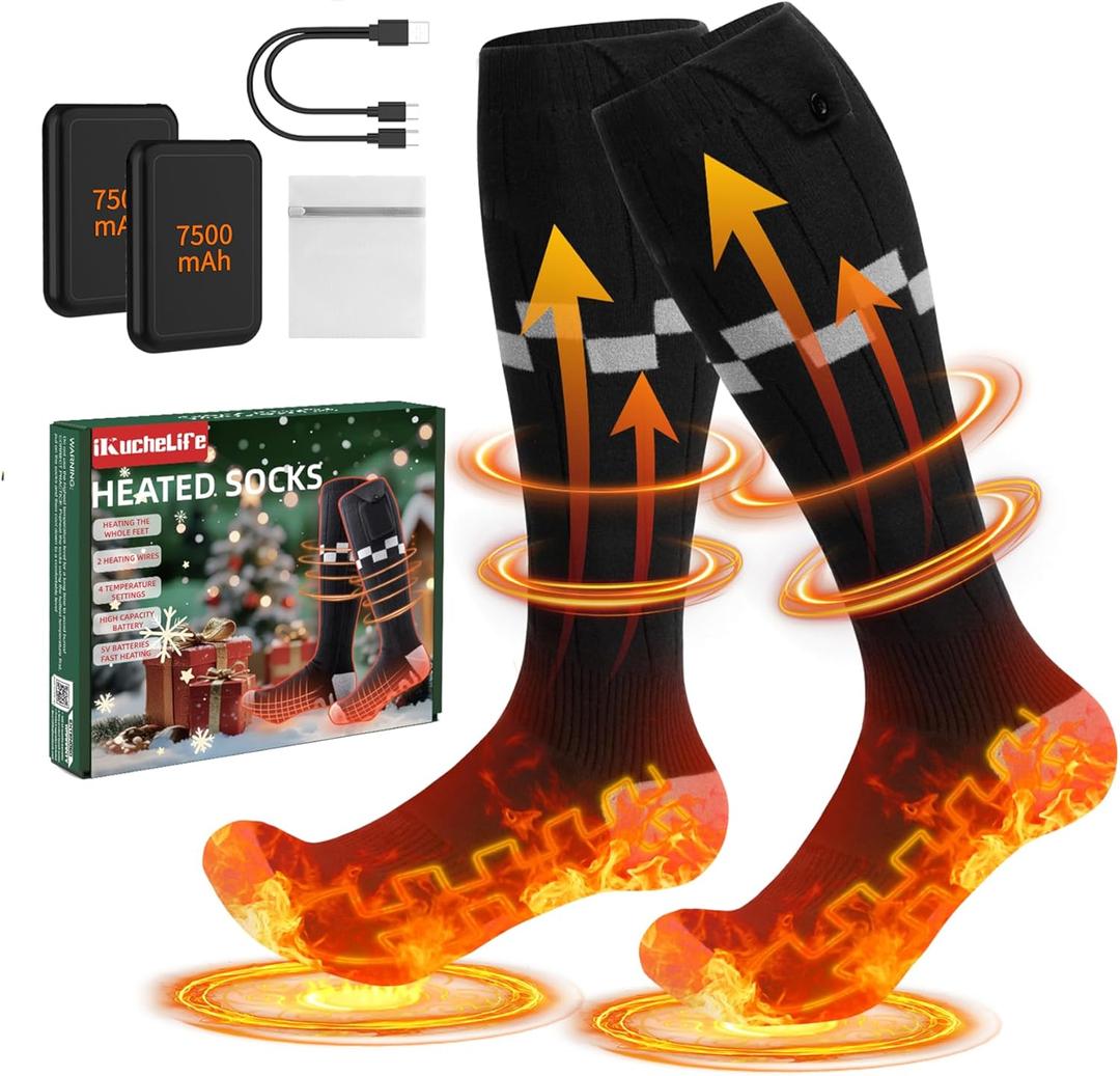 Heated Socks 7500mAh*2 Rechargeable Battery, Electric Heated Socks with 4 Adjustable Heating Settings Up to 14 Hours for Winter Skiing Hunting Camping Hiking Fishing Cycling Outdoor Work Foot Warmer