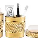3-Piece Ceramic Bathroom Accessories Set - Soap Dispenser, Toothbrush Holder & Soap Dish with Modern Wave Embossed Design for Bathroom Accessory Set (Gold)