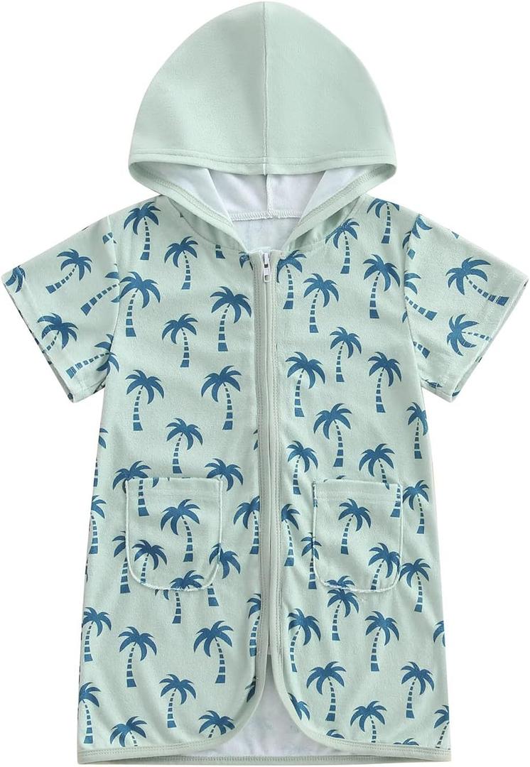 Toddler Boy Terry Cloth Swim Cover Up Tree/Dinosaur Print Zip Up Hooded Towel Coverup Little Kids Pool Beach Kimono, Size 110