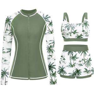 3 Piece Rash Guard for Women - Long Sleeve Swimsuits with Shorts SPF Zip up Swim Shirt with Built in Bra (X-Large, Green Palm Tree)