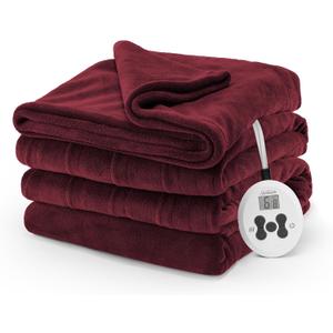 Sunbeam Electric Royal Luxe Microplush Heated Blanket, 12 Heat Settings, 12-Hour Selectable Auto Shut-Off, Fast Heating, Warm and Cozy, Cabernet Color, Full, 84" x 72"