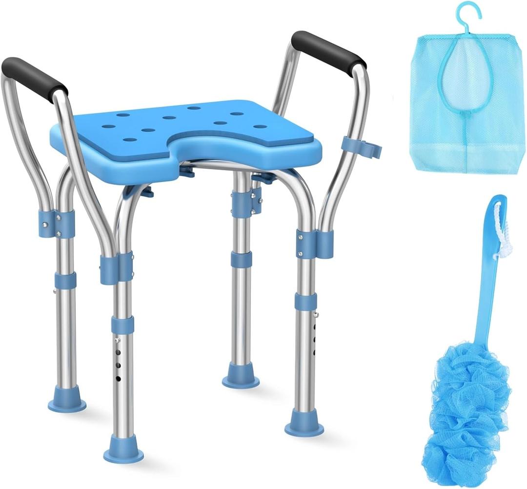 Upgraded Shower Chair with Cutout Seat, Stainless Steel Shower Bench with Removable Arms & Hygienic Design, Heavy Duty 450lbs Adjustable Bath Chair for Inside Shower, for Elderly & Disabled