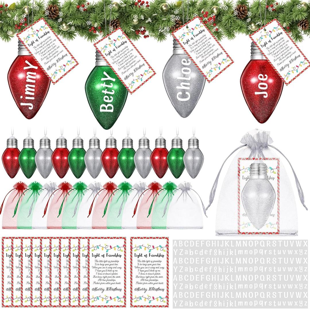 Shappy 12 Sets Friendship Christmas Ornament, Glitter Light Bulb Christmas Ornament Friends Gift with Greeting Cards Letter Stickers and Organza Bags for Friendship Keepsake Decor