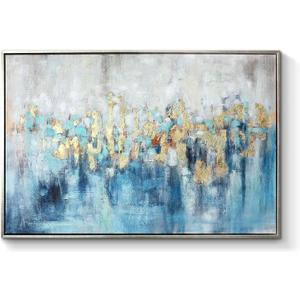Abstract Blue Canvas Wall Art: Framed Picture Gold Foil Artwork Hand Painted Painting for Living Room (45"L x 30"W)