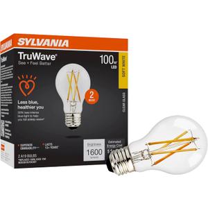 Sylvania LED TruWave Natural Series A19 Light Bulb, 100W Equivalent, Efficient 15W, 1600 Lumens, Medium Base, Dimmable, Clear, 2700K, Soft White - 2 Pack (42305)