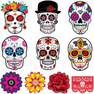 Outus 50 Pcs Day of The Dead Decorations for Altar, Sugar Skull Cutouts for Halloween Mexican Fiesta Party Supplies, Day of The Dead Cutouts Bulletin Board Wall Decor