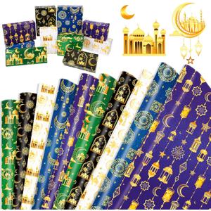 HOWAF 10 Sheets Eid Wrapping Paper Multicolor Ramadan Mubarak Gift Wrapping Paper for Kids Men Women Eid Party Gift Wrap Decorations, Eid Mubarak Crescent Moon Star Wrapping Paper Islamic Gift Wrap Paper