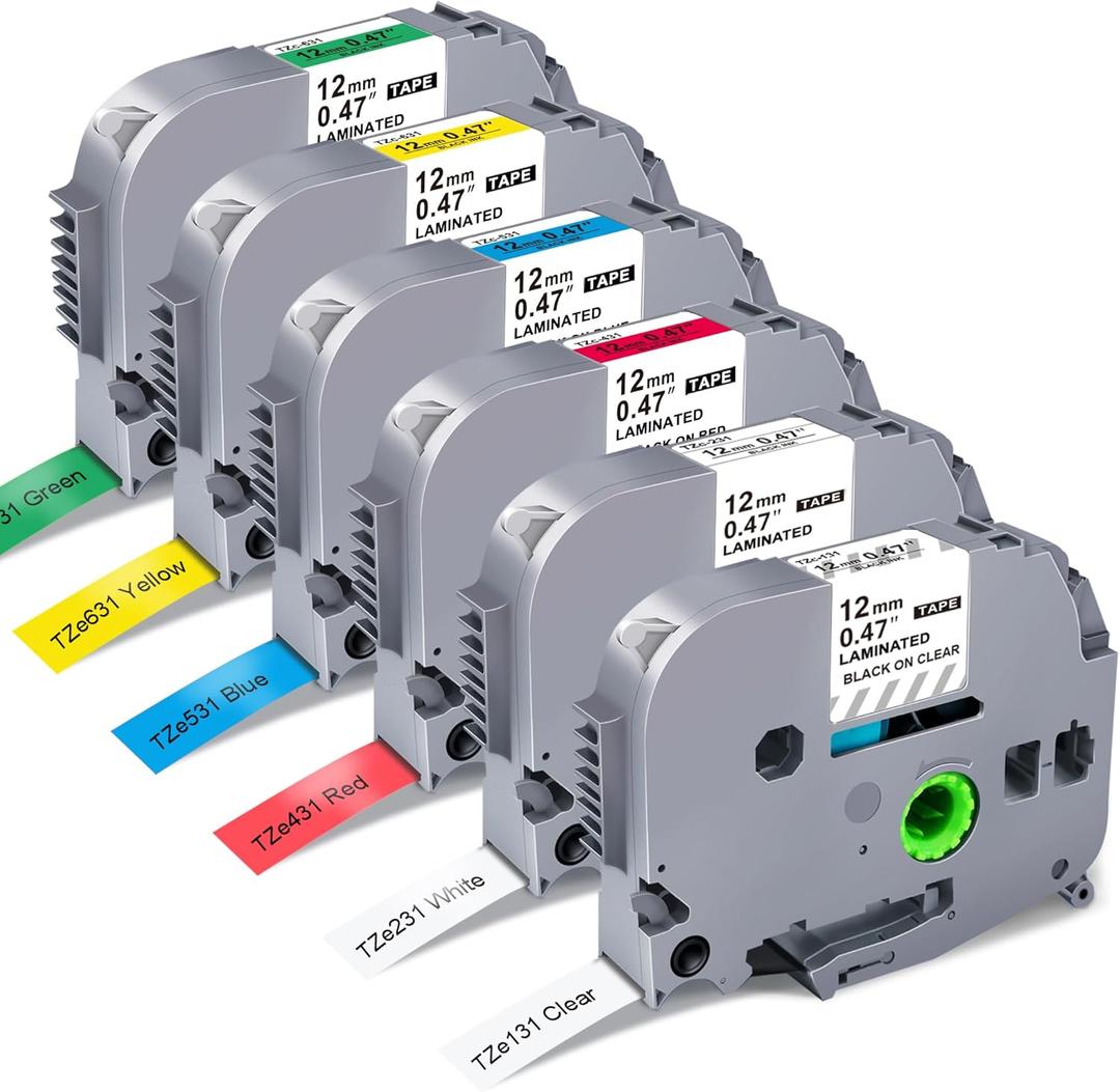 6 Pack Replacement for Brother P Touch Label Maker Tape TZe Tz Tape 12mm 0.47 Laminated White/Clear/Red/Yellow/Blue/Green Compatible with Brother P-Touch Label Maker PT-D210 PT-H110 PT-D220