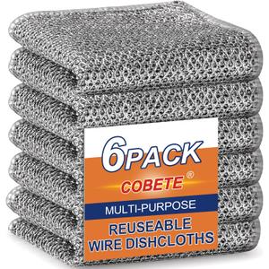 COBETE Non Scratch Wire Dishcloth,Double-Layer Wire Dishwashing Rags for Wet and Dry,Wire Miracle Cleaning Towels and Dish Cloths Multipurpose for Washing Dishes,Cookware, Sinks,Stove Tops,Pack of 6