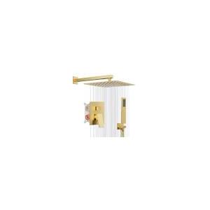 Gold Shower System, 10'' Square Rainfall Shower Head with Handheld Combo Spray, Bathroom Brushed Gold Shower Faucet Set with Valve, 59'' Shower Hose, Shower Trim Kit and Diverter, Wall Mounted
