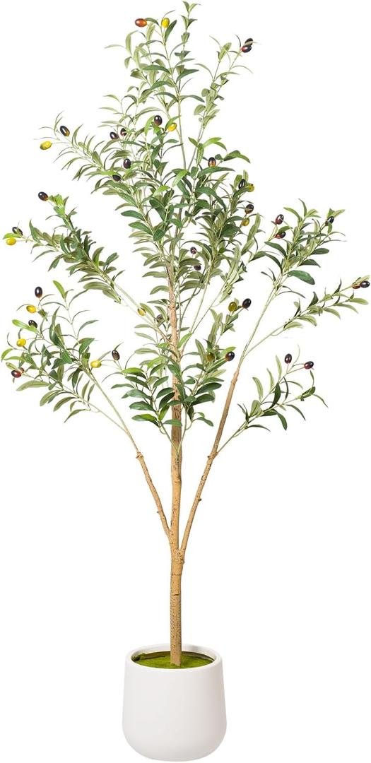 Artificial Olive Tree with White Pot - Faux Olive Tree for Home Decor, Tall Artificial Plants Indoor, Realistic Trunks Foliage Fruit, Office Decor (5FT)