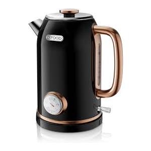INFOOD Retro Electric Kettle 1.8L/60.8oz with Thermometer - 1200W Fast Boiling Stainless Steel Tea Kettle with Water Level, BPA-Free, Auto Shut-Off, Boil-Dry Protection, Black