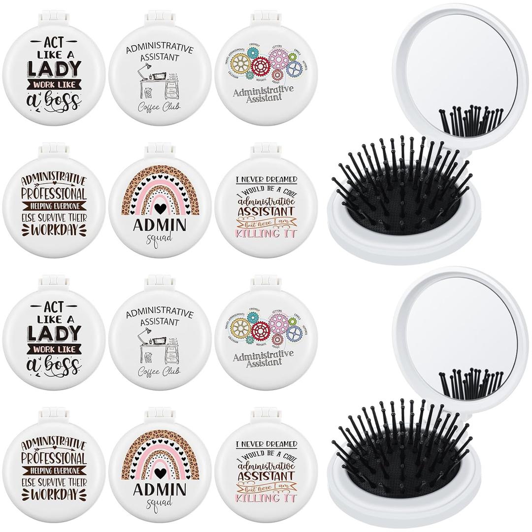 Meanplan 12 Pcs Administrative Professionals Day Gifts Bulk Mini Hair Brushes Folding Mirror Administrative Assistant Appreciation Gifts for Women Secretary Coworker Party Favor
