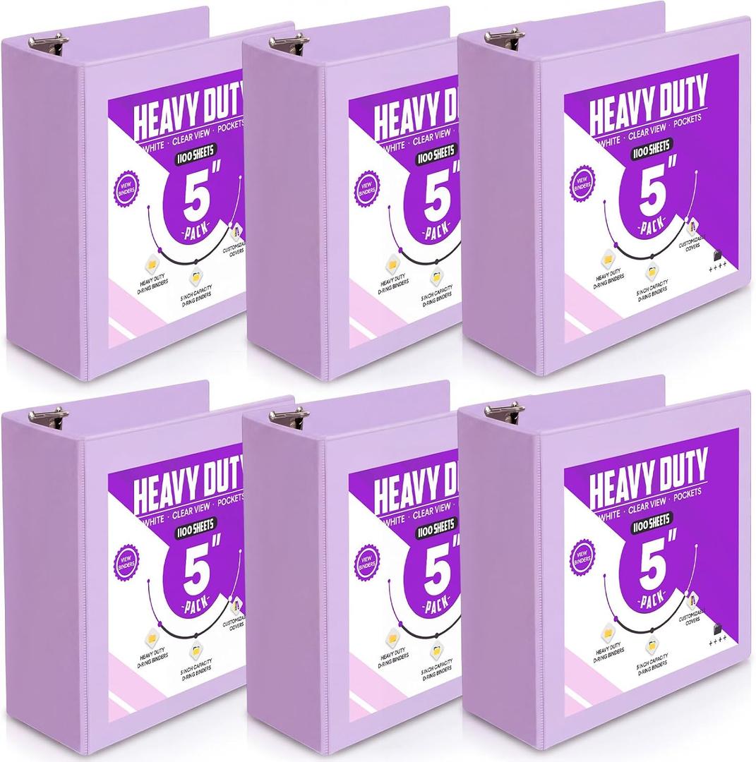 Sinload 6 Pcs 3 Ring Binder, 5 Inch Large Capacity 3 Slant D Ring Binders with Pockets, 8.5" x 11" Presentation Folder View Binder with Customizable Clear Cover for Documents Files Projects (Purple)