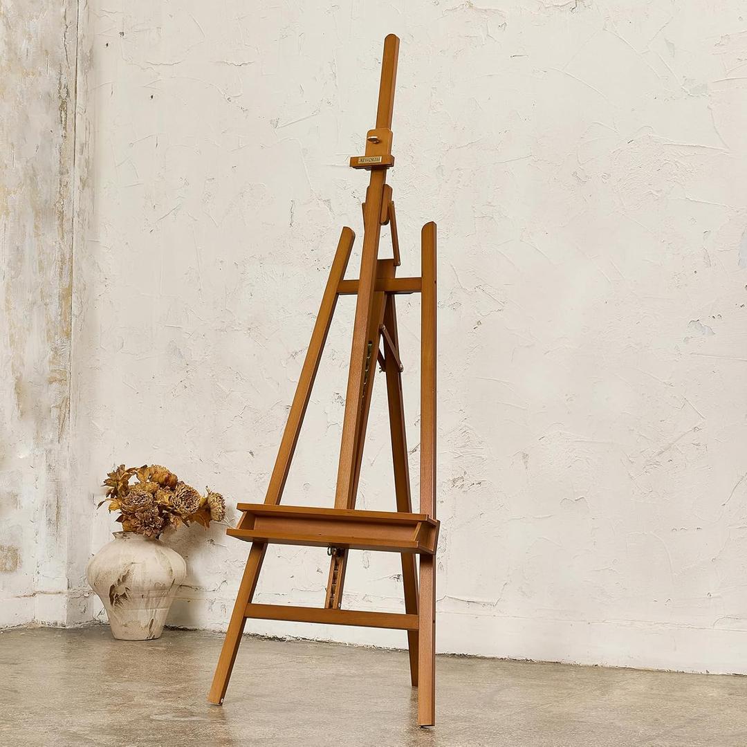 ATWORTH Studio Art Easel, Solid Beech Wood Artist Easel,Hold Canvas up to 48, Adjustable A-Frame Lyre Style Painting Easel Stand with Storage Tray, Light Teak