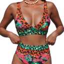 Hilinker Women's Leopard Bikini Swimsuits V Neck High Waisted 2 Piece Bathing Suits (Large, Coral)