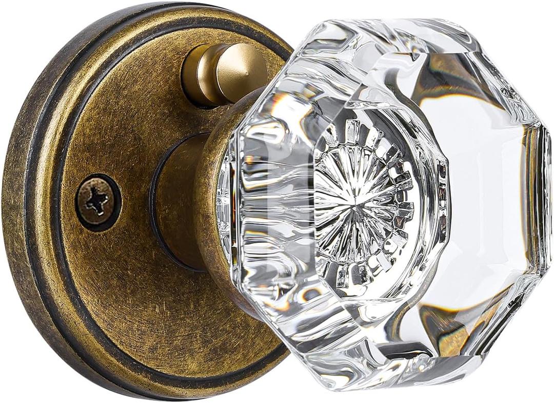 Glass Door Knobs Interior with Lock, Vintage Crystal Privacy Antique Brass Octagon Door Knobs for Bedroom Bathroom, 1 Pack