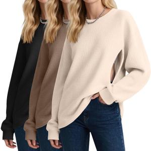 3 Pack Women's Oversized Nursing Tops, Waffle Knit Breastfeeding Zipper Sweatshirt Long Sleeve Maternity Shirts (Medium, Cream White, Coffee, Black)