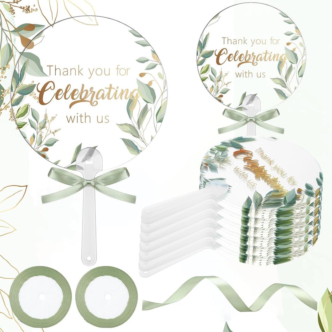 Roowest 50 Pcs Wedding Hand Fans for Guest Plastic Transparent Leaf Handheld Wedding Fans Bulk with Ribbon Thank You for Celebrating with Us Greenery Hand Fan with Handle for Baby Shower Bridal Shower