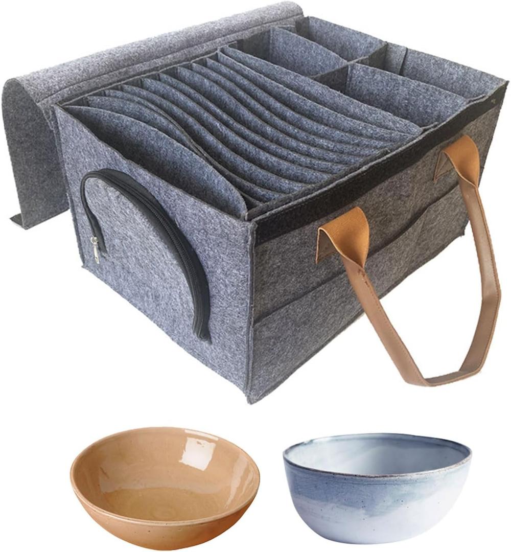 Qivine Coffee Mug Storage Box, Dinnerware China Storage Container Hard Shell with Lid, Quilted Stemware Wine Glass Storage Cases with Zipper Handle, Dish Dinner Plate Protectors for Glassware