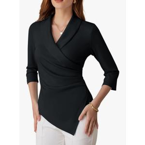 GRACE KARIN Women Dressy Wrap Work Tops, V Neck Business Casual Blouses, 3/4 Sleeve Ruched Elegant Shirts XL