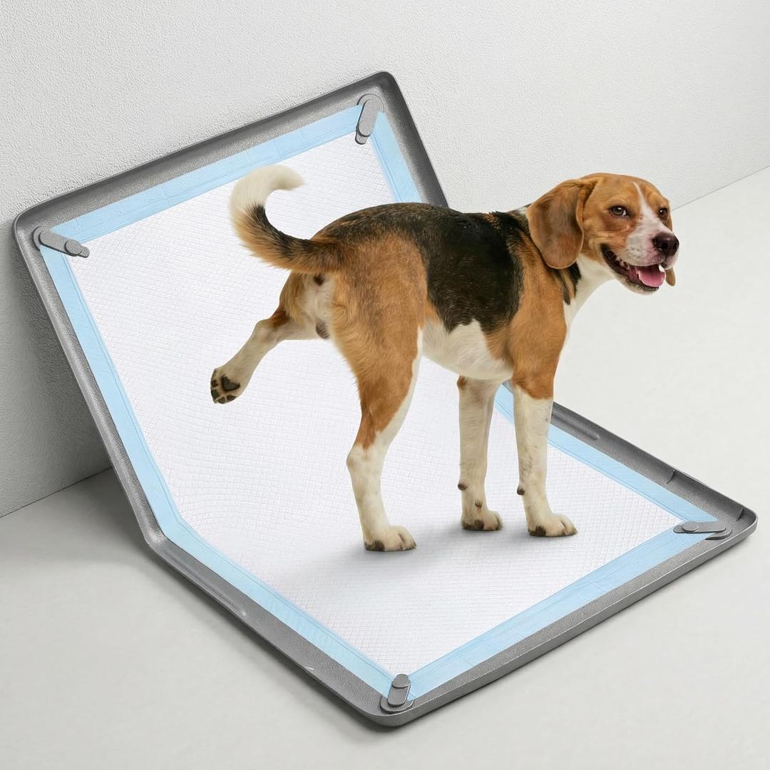 Dog Pee Pad Holder with 4 Magnetic Corner Clips, Small 17.5x23.5 Inch Silicone Non-Slip Base Puppy Potty Training Tray, Leak-Proof Raised Edge for Home Indoor Floor Wall Protection