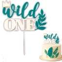 Wild One Acrylic Cake Topper, Double Layer Design Clear and Green with Gold Letters, 6.2 x 5.5 Inch