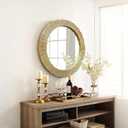 WAMIRRO Gold Round Wood Wall Mount Mirror, 24 Inch Hand Carved Solid Wood Frame Circle Mirror, Farmhouse Boho Decor for Living Room, Bathroom, Bedroom, Hallway & Entryway
