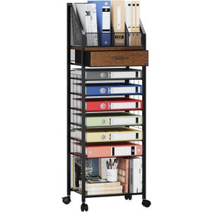 SWTYMIKI 9-Tier Rolling File Cart - Paper Organizer with Drawer and Trays, Wood Desk Office Organizer, Office Organization and Binder Storage for Workspace, Home, School, Espresso