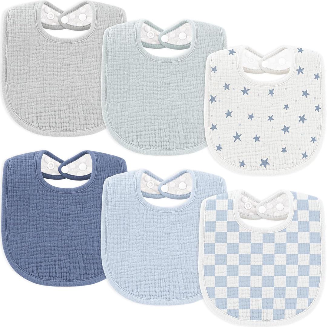 Susurration Muslin Baby Bibs 6 Pack Cotton Baby Drool Bibs, Soft Adjustable Baby Drooling Bibs for Unisex Boys Girls (Blue Star)