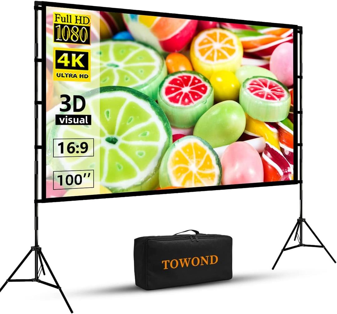 TOWOND Projector Screen with Stand, 100 inch Outdoor Projector Screen Portable Indoor Projection Screen 16:9 4K Rear Front Movie Screen with Carry Bag for Home Backyard Theater TOWOND Projector Screen with Stand, 100 inch Outdoor Projector Screen Portable Indoor Projection Screen 16:9 4K Rear Front Movie Screen with Carry Bag for Home Backyard Theater