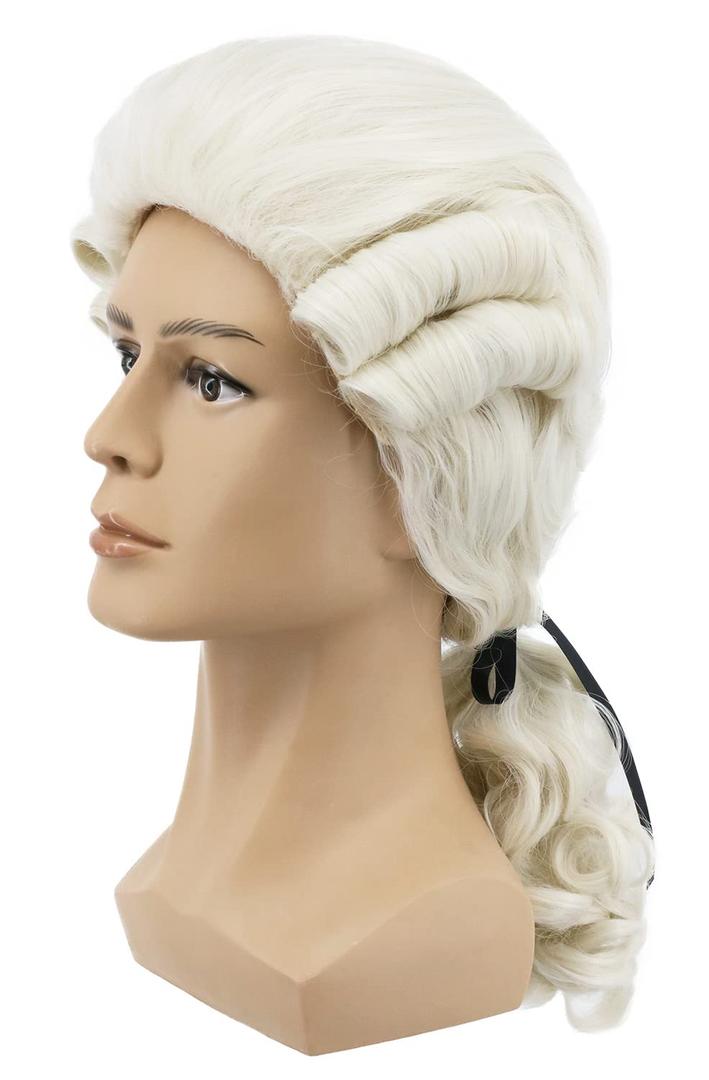 yuehong Adult Long Curly Beige Gentleman Lawyer Wig 18th Century Colonial Judge Wig Heat Resistant Synthetic Fibers Fluffy Breathable Costume Hair(Beige)