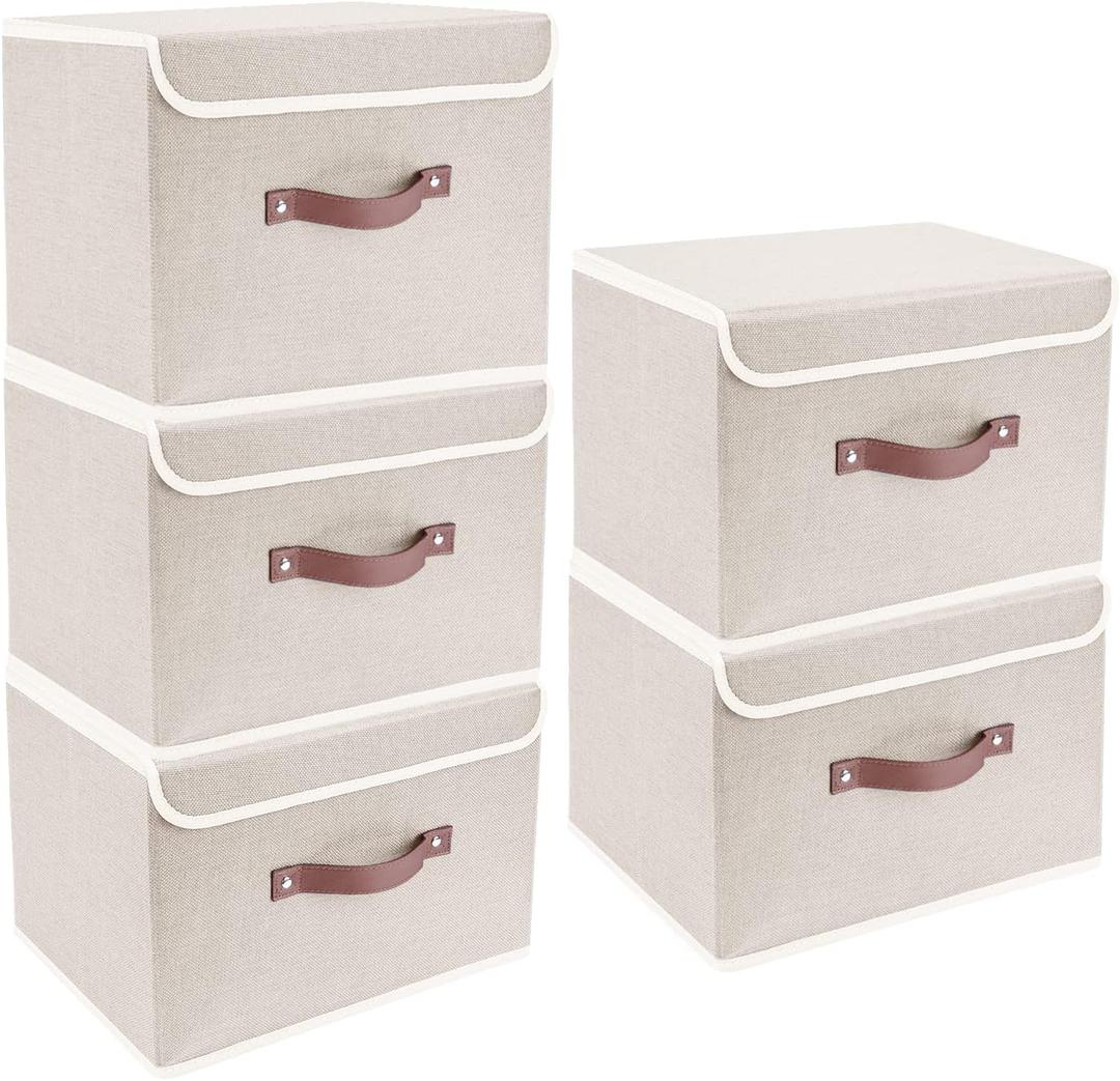 TYEERS Foldable Storage Boxes with Lids 5 Pack Fabric Storage Bins with Lids, Closet Organizers for Clothes Storage, Room Organization, Office Storage, Toys - Beige (5-pcs 14.9x9.8x9.8 in)