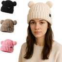 Adult Knit Beanie, Winter Bear Ears Warm Knitted Fleece Lined Woollen Ski Pompom Hat (Medium-Large, White)