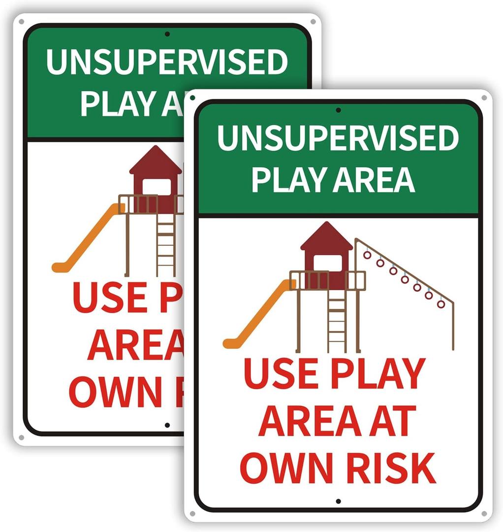 2 Pack Unsupervised Play Area at Own Risk Sign 10 x 14 inch Metal Reflective Rust Free Aluminum Sign, Weather Resistant, Waterproof, Durable Ink, Easy to Install