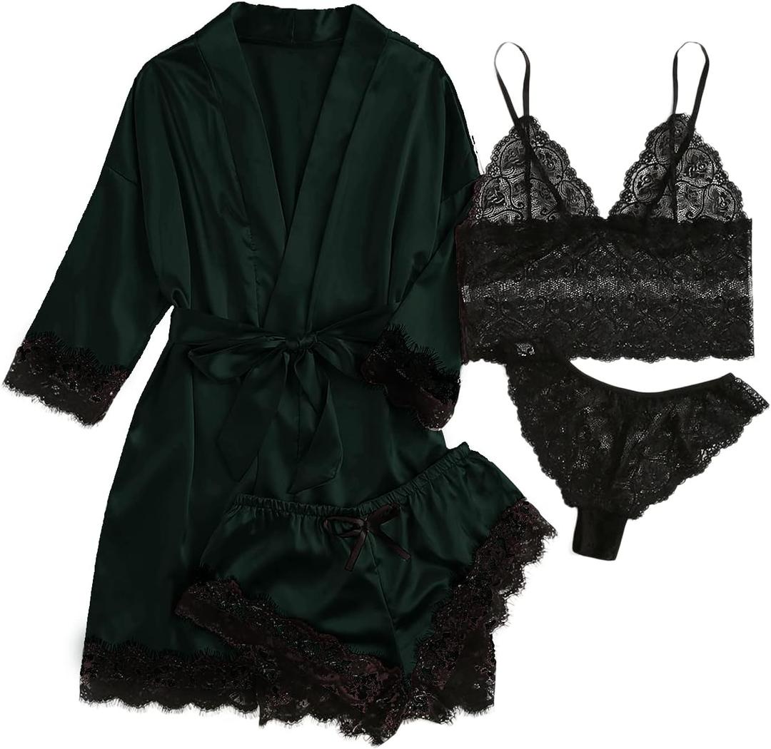 WDIRARA Women' Silk Satin Pajamas Set 4pcs Lingerie Floral Lace Cami Sleepwear with Robe (3X-Large, Dark Green Black)