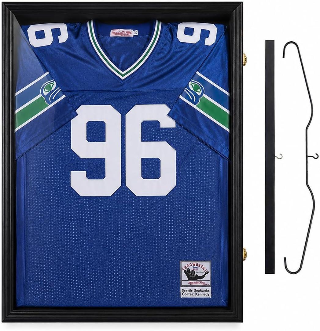Black Jersey Frame Display Case Lockable Shadow Box with UV Acrylic