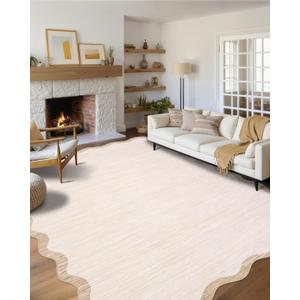 GarveeHome Scalloped Large Living Room Area Rug 6x9 - Machine Washable | Modern Rugs Bordered Neutral Rug Non-Shedding Low Pile Farmhouse Carpet for Bedroom Nursery Classroom Dorm 6 ft x9 ft Beige