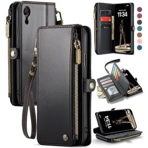 Defencase Compatible with iPhone XR Case Wallet with RFID Blocking Card Holder for Women and Men, Fashion PU Leather Magnetic Snap Flip Zipper Strap Wallet Phone Case Fit for iPhone XR 6.1", Black