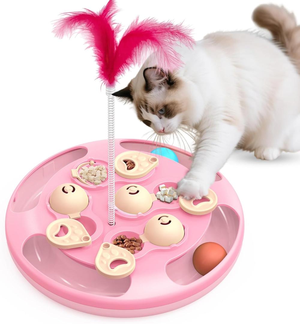Cat Puzzle Toys Games Level 3 in 1 with Track Balls, Feather Teaser & Treat Feeder | Non-Slip Base | Mental Stimulation Enrichment for Indoor Cat, Dogs | Kitty Gift, Pink